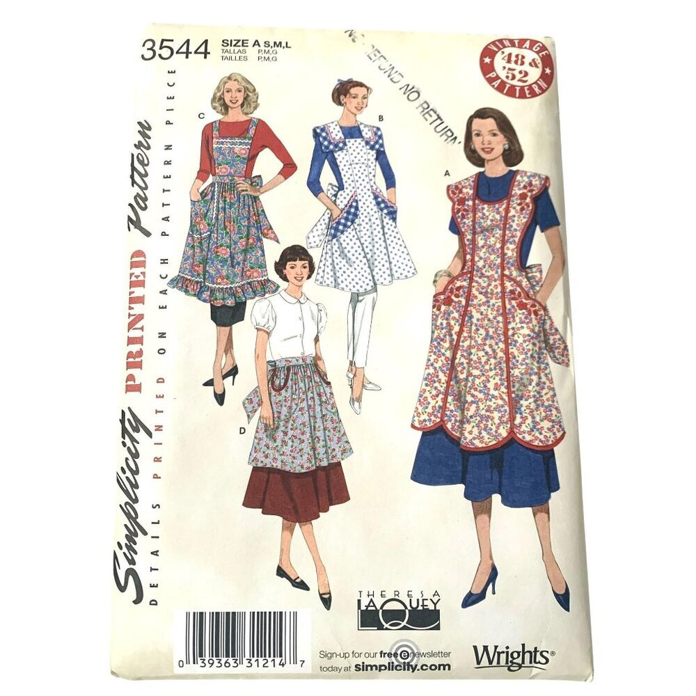 Simplicity 3544 Pattern Retro Apron Full Bib Half Pocket Aprons UNCUT Size S M L